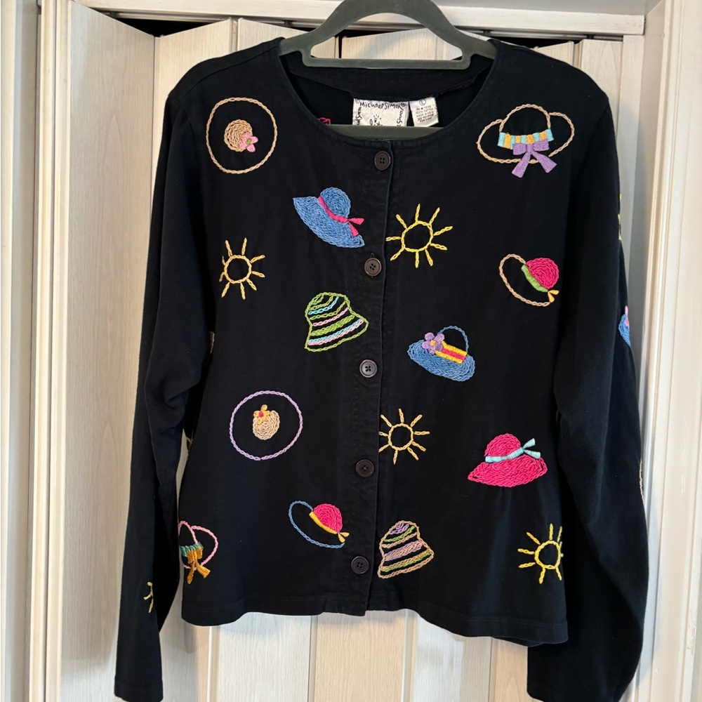 Michael Simon Lite Black Cardigan With Embroidery. Like New.
